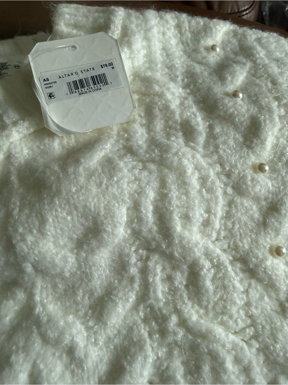 Altar'd State Cream Cable-Knit Pearl-Embellished Crew Sweater - Picture 6 of 8
